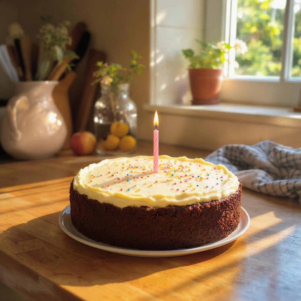 FLUX.1 Kontext Pro img2img — same scene with the pie replaced by a chocolate birthday cake